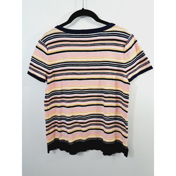 Loft Women's Pink Navy Yellow Stripe Sweater Tee Size Small Short Sleeve - Picture 2 of 4